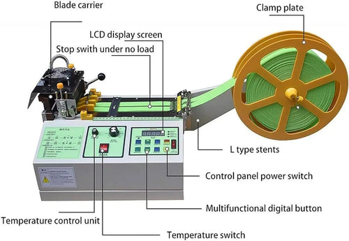 Tape cutting machine control panel with LCD screen and orange wire reel