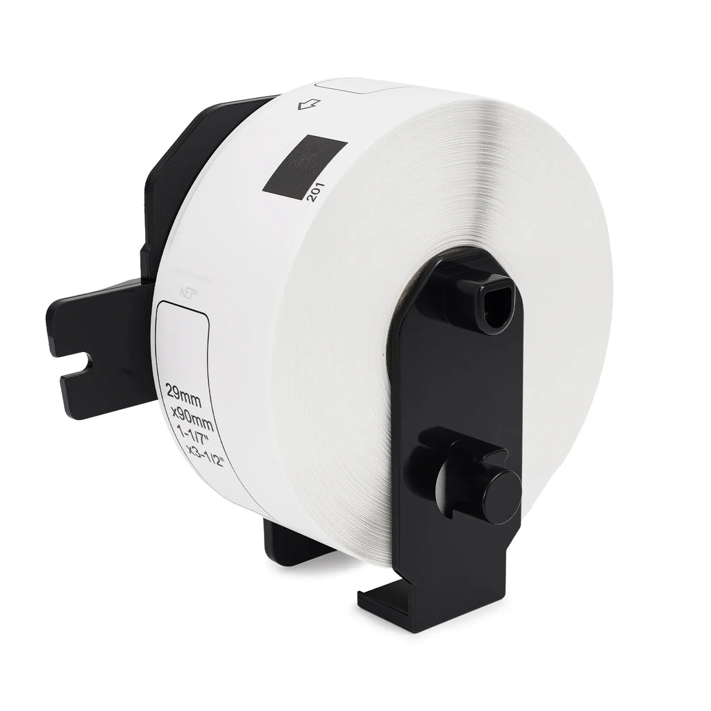 Thermal address label tape roll with white paper on black dispenser, 29mm wide