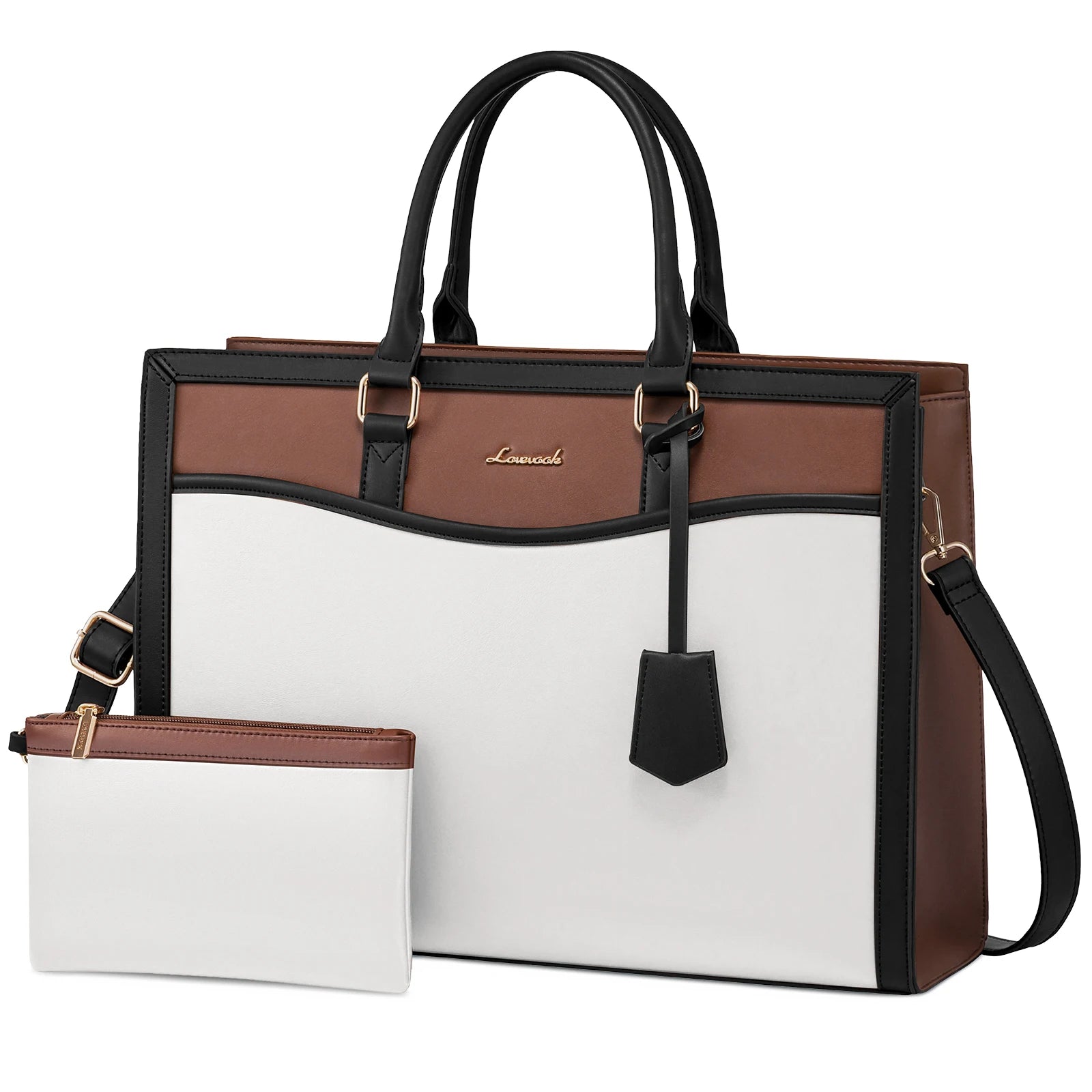 LOVEVOOK colorblock laptop tote in white, brown, and black vegan leather with gold hardware and matching pouch.