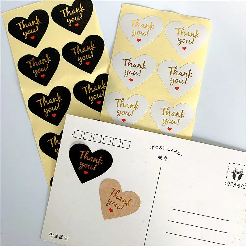 Thank you heart adhesive seal stickers with matching thank you post cards
