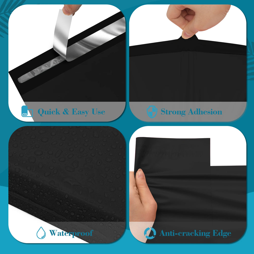 Black poly mailer close-ups: strong adhesive strip, waterproof texture, anti-cracking edge