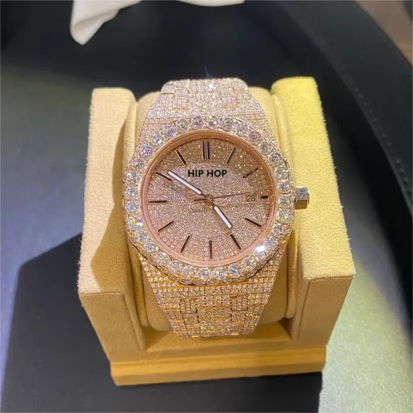 Customized Luxury 18K Gold Moissanite Watch Zircon Rose Gold Automatic Mechanical Watch