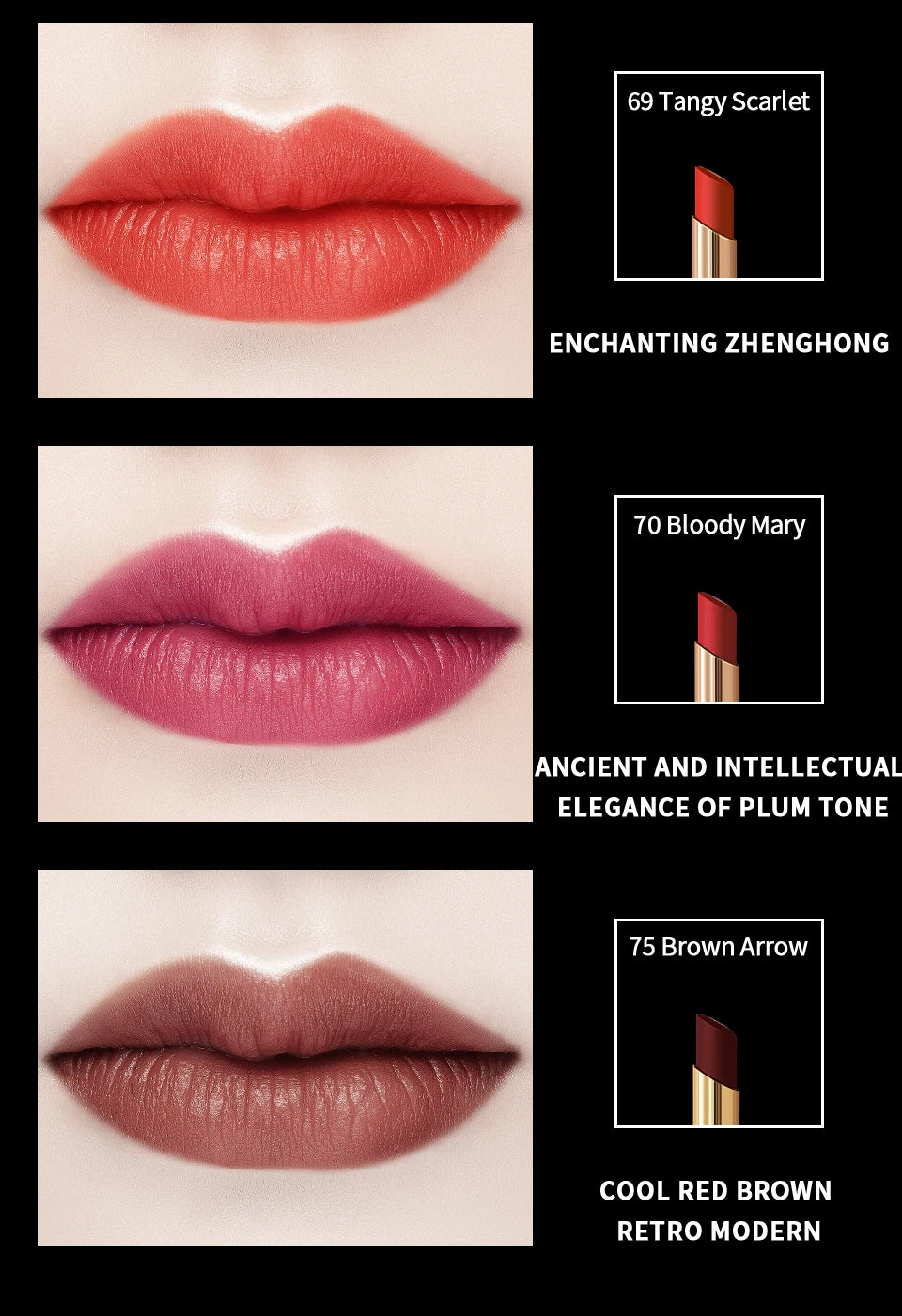 CHARMACY long-lasting matte velvet lipsticks in Tangy Scarlet, Bloody Mary, and Brown Arrow shades.