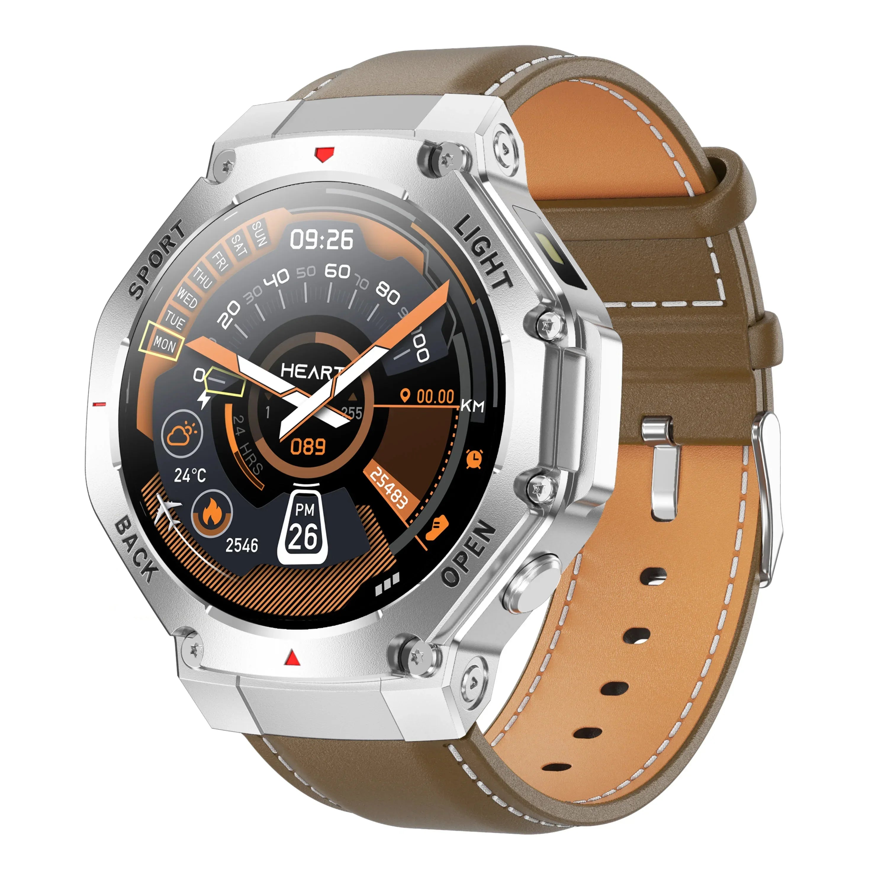 Men Outdoor Sports Smartwatch - 1.53 Inch Fitness Tracker & Heart Monitor Brown leather My Store