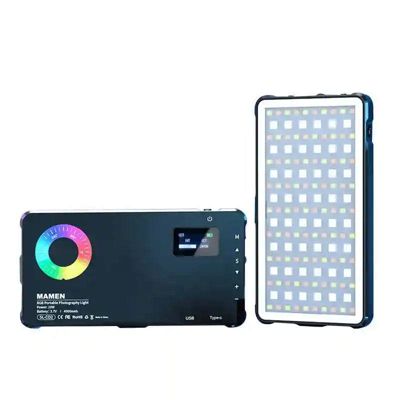 Rectangular RGB LED photography light with black casing, circular color dial, digital display, and multi-LED panel.