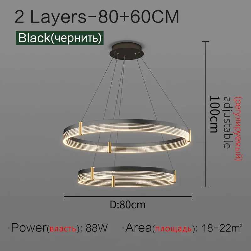 Nordic LED Ring Light Chandelier | Adjustable Color Temperature 3-Layer 2 Layers 80 60cm Tidesmit