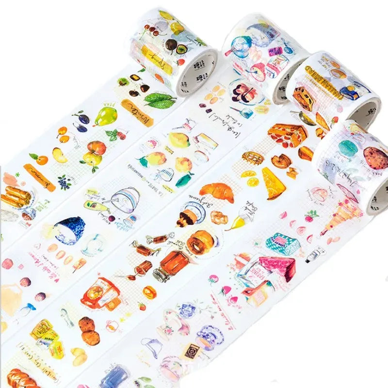 Decorative food masking tape roll set with assorted colorful snack and drink illustrations