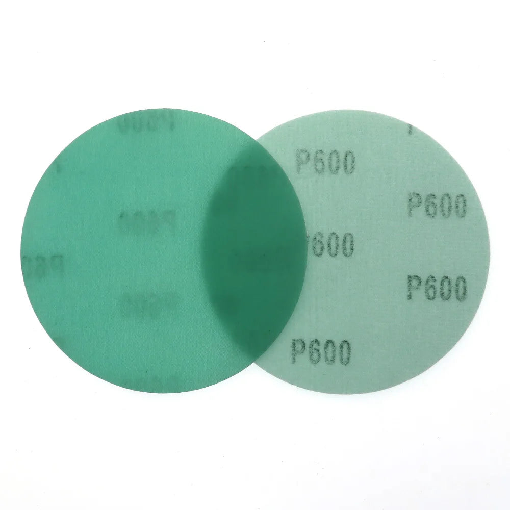 6-inch green PET film sanding discs for wet & dry car polishing and finishing, featuring hook and loop backing.
