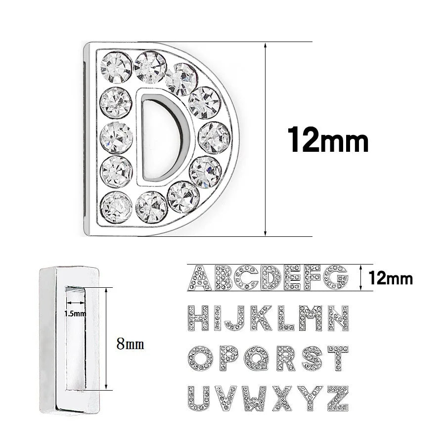 Rhinestone alphabet slide charms for 8mm pet collars. DIY silver letter initials for personalized dog or cat collars.