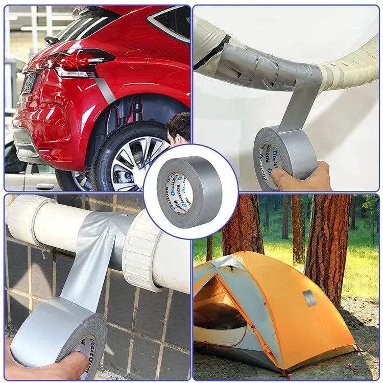 Grey duct tape roll applying tape to car, pipes, and an outdoor tent