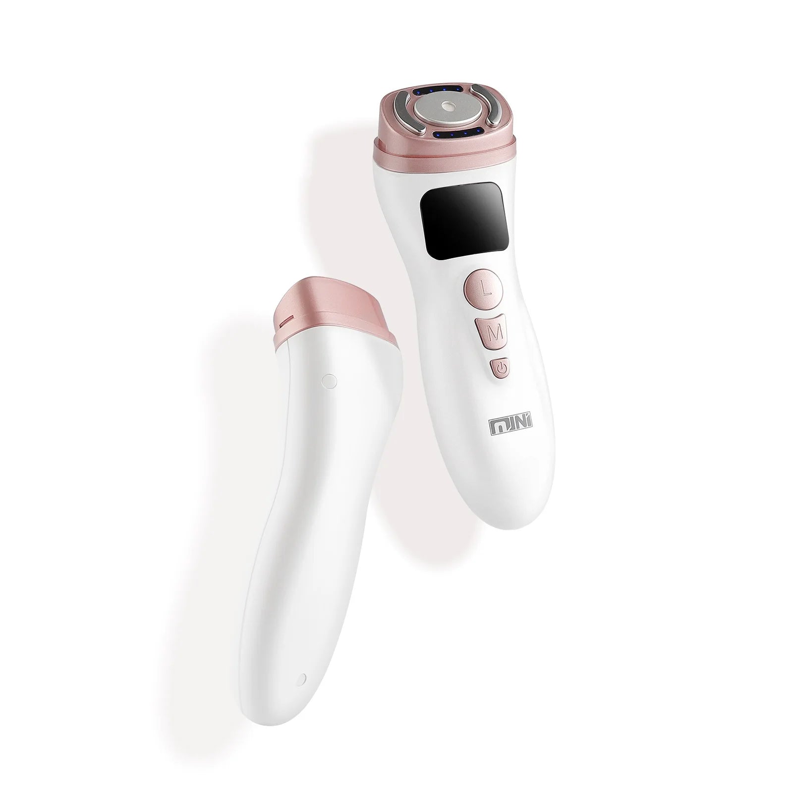 White and rose gold handheld facial lifting device with a digital display and control buttons on a white background.