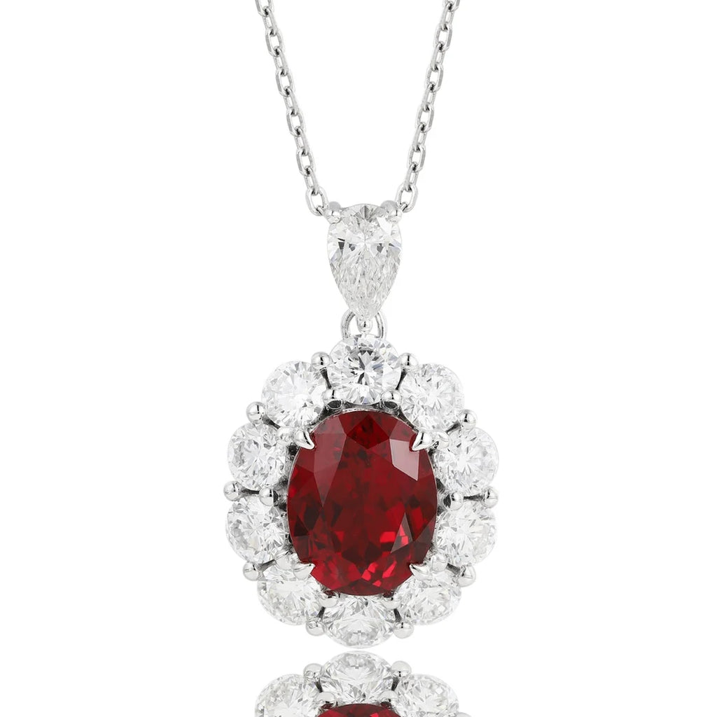 Lanphear Jewelry PT950 Platinum Four-Prong Claw Setting Necklace-Oval Cultured Ruby & Cultured Diamond for Gift, Anniversary