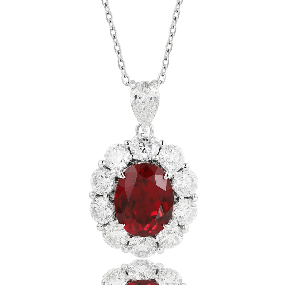 Lanphear Jewelry PT950 Platinum Four-Prong Claw Setting Necklace-Oval Cultured Ruby & Cultured Diamond for Gift, Anniversary