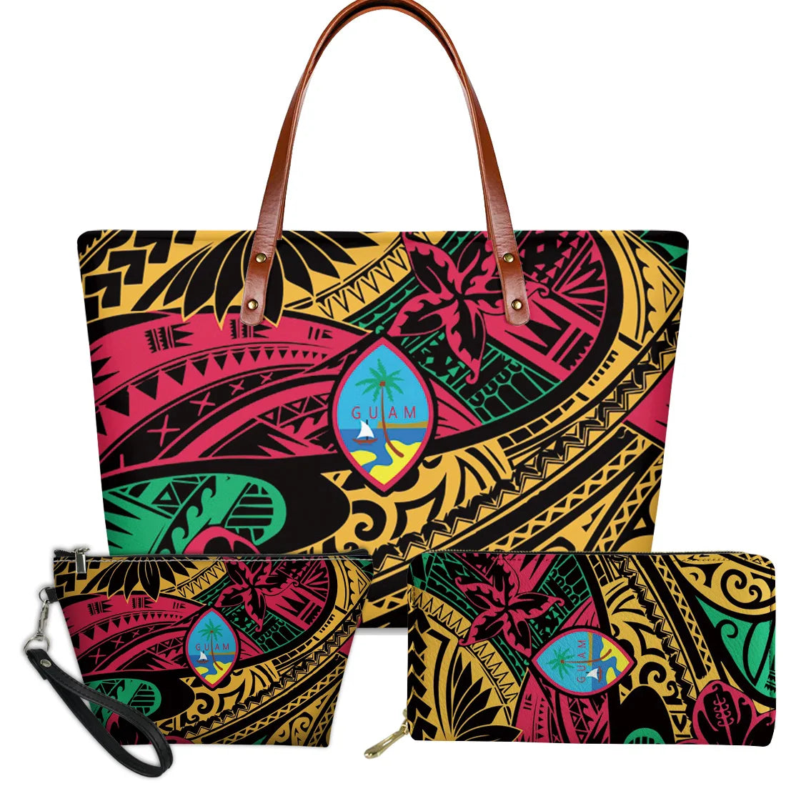 3pc handbag set, colorful Polynesian tribal print with Guam seal, floral patterns, and brown faux leather handles.