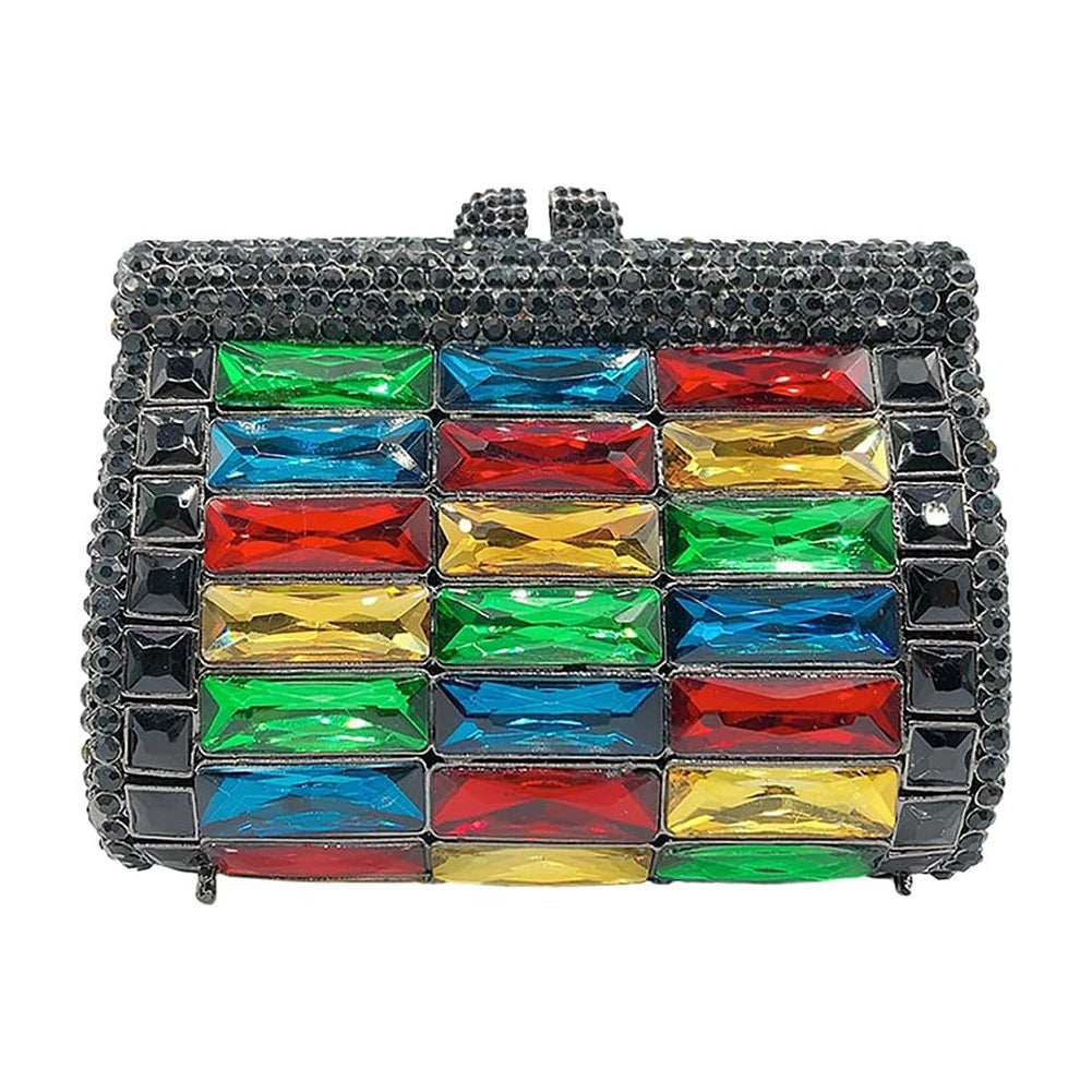 Designer evening clutch with multicolored baguette crystals and black rhinestone border for wedding or luxury events.