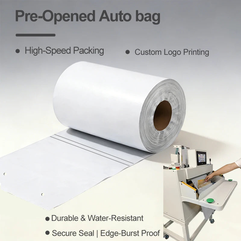 White pre-opened auto courier bags roll with dispensing opening and seal strip