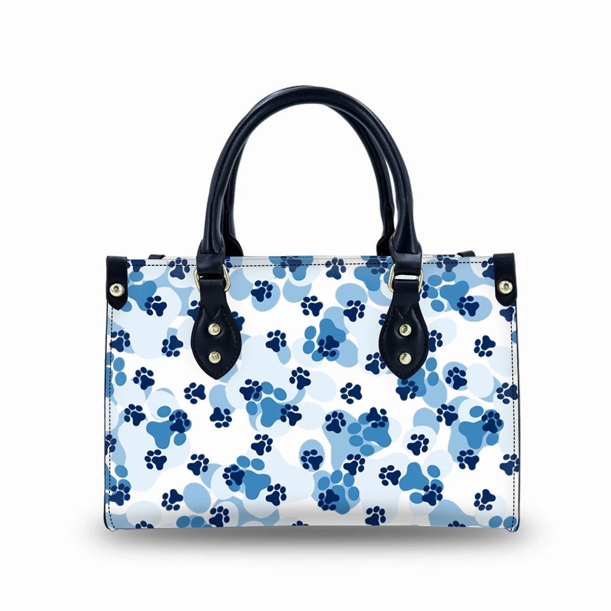 Small blue faux leather trunk handbag with navy handles and white, light blue, and dark blue paw print pattern.
