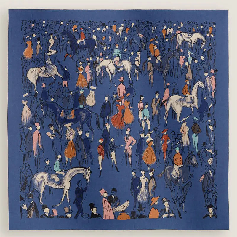 Luxurious 140*140cm Square Horse Ranch Digital Printed Elegant Fashion Cashmere Silk Scarf Hand Rolled  MOQ 1PC