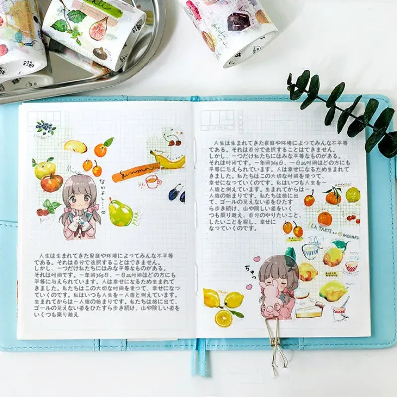 Masking tape rolls with citrus and cute food drawings on a blue journal page