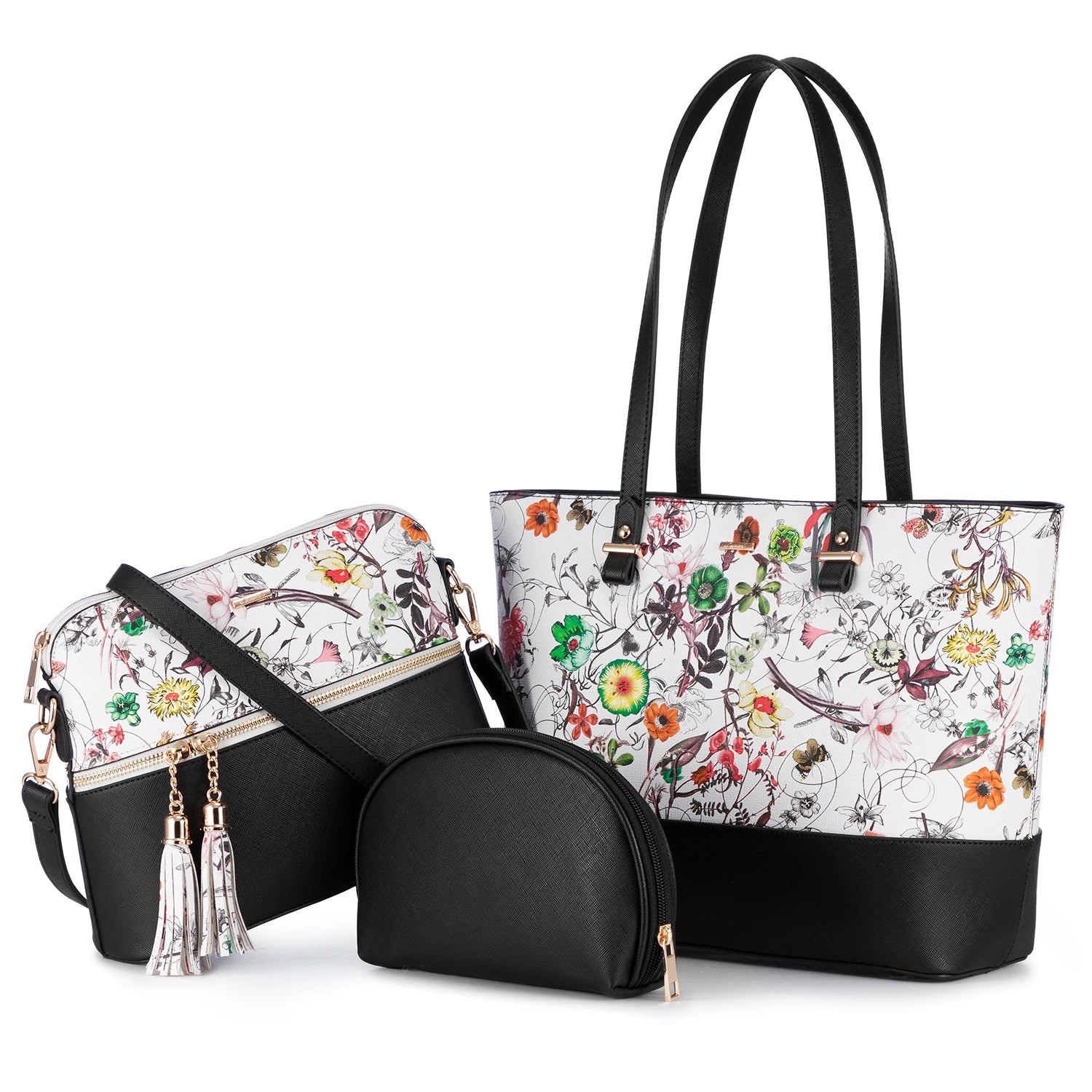 3-piece floral PU leather designer handbag set with black trim, shoulder tote, crossbody bag, and matching pouch.