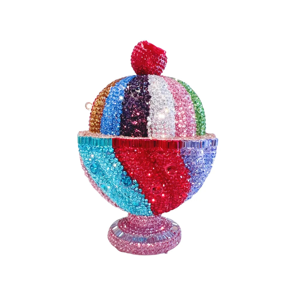 Sparkly multicolor crystal ice cream sundae novelty clutch bag, designer evening handbag for parties.