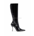 Sharply Pointed Toe Original Genuine Leather Luxury Side Zip Sexy Women D-Ten & Half-Glossy 105mm Stiletto Heel Knee-high Boots