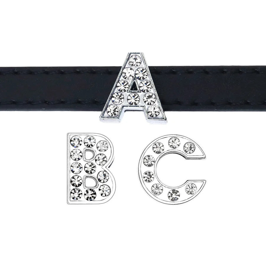 Sparkling rhinestone alphabet slide charms for 8mm DIY pet collars, personalized silver letter initials for dog collars.