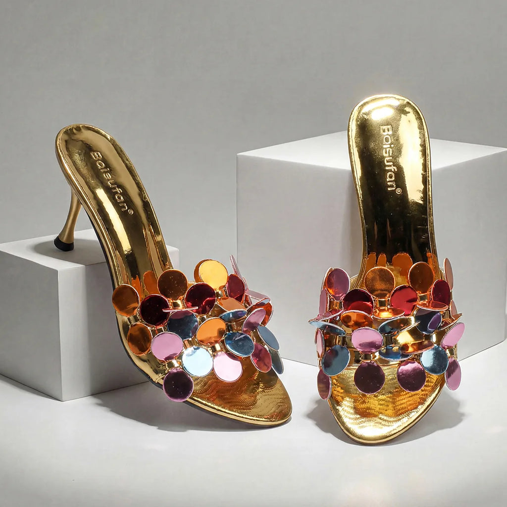 Cross-border Foreign Trade New Flower Patent Leather Stiletto Heel Open Toe Women's Casual Slippers