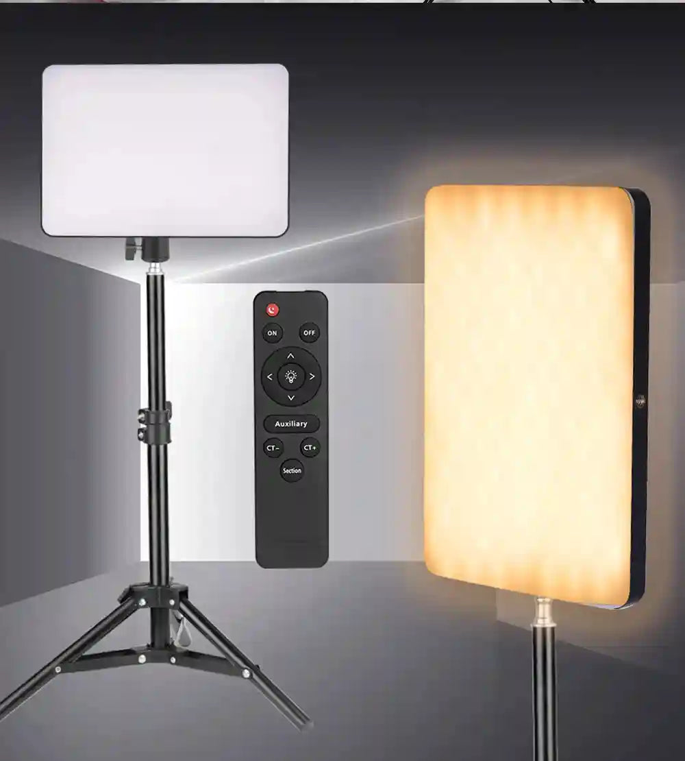 Two rectangular LED panel lights on adjustable tripod stands with a remote control for photography and video lighting.