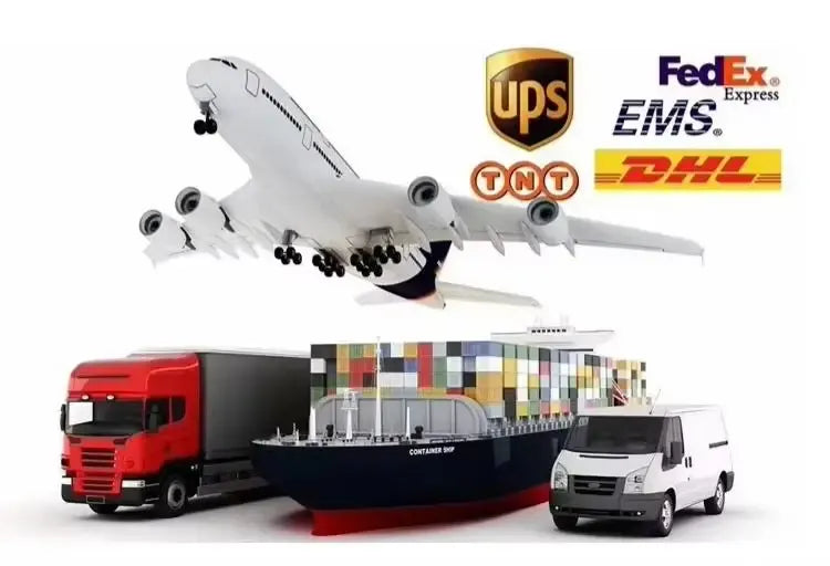 Delivery transportation icons with trucks, plane, and carrier logos