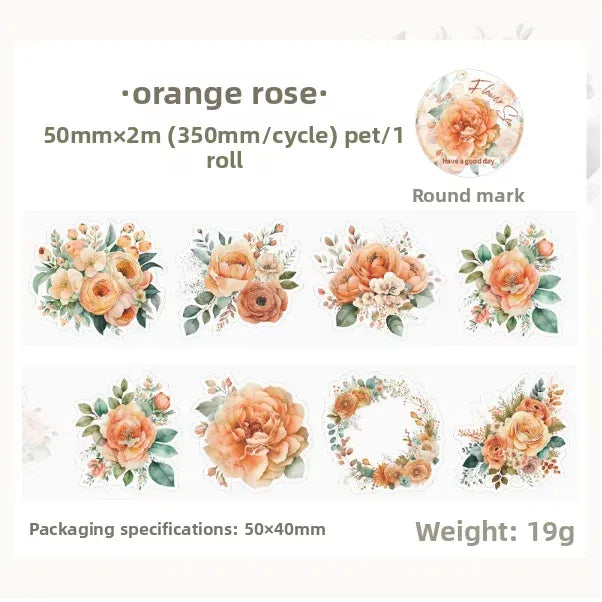 2M/Roll Kraft Paper Masking Pet Tape Meet Flower Sea Series Plant Hand Account Diy Material Decoration Loop Stickers 8 Models