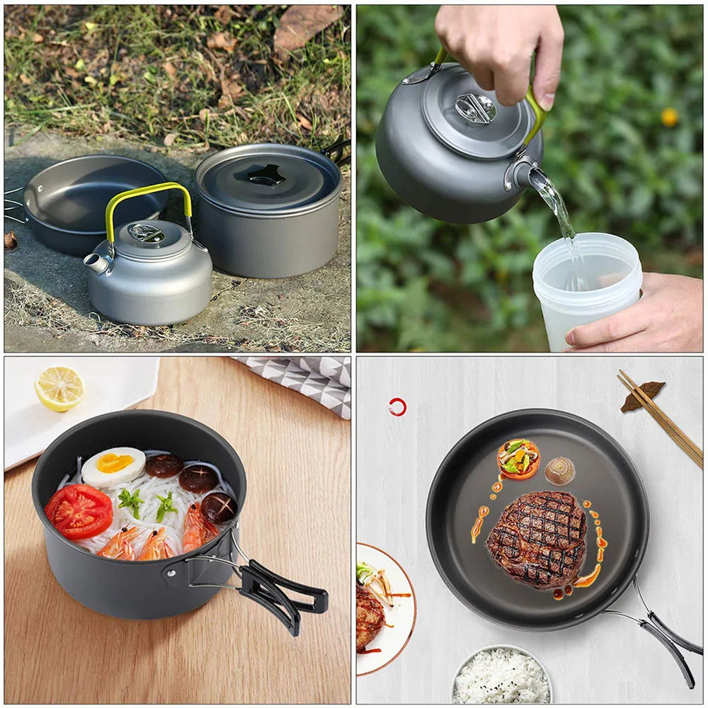 Aluminum camping cookware set cooking and pouring, with covered pot and pan