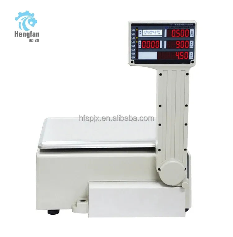 Tabletop electronic weighing scale with digital price display, keypad, and white body.