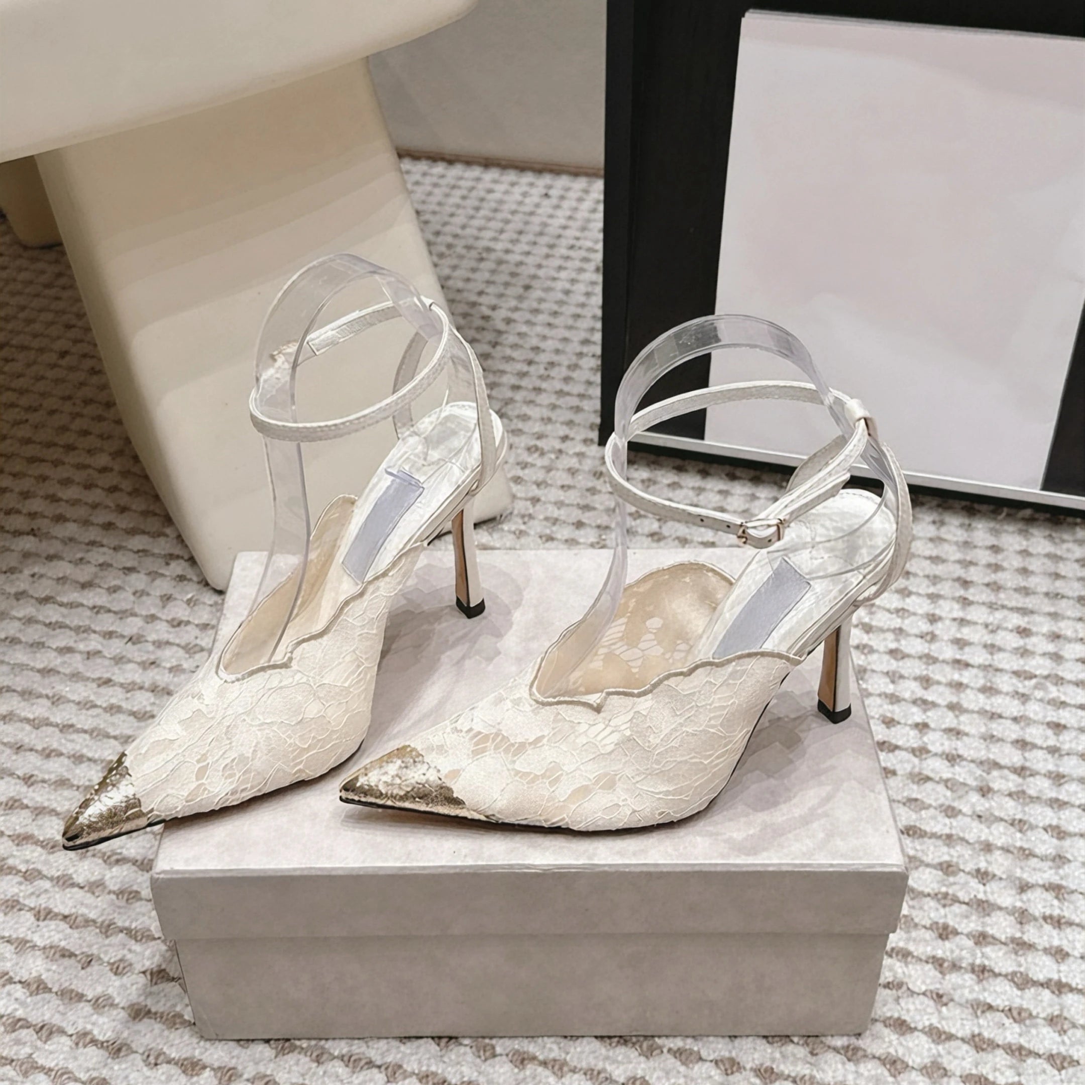 High-quality Designer Style Lace-up Pointed Toe Open-heeled 10cm Stiletto Heels Women's Ankle-length Strappy Elegant Heels