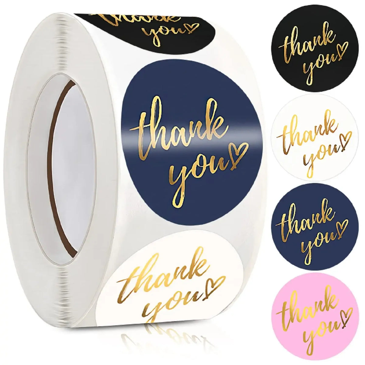 Roll of round adhesive stickers with “thank you” text in navy, black, and pink