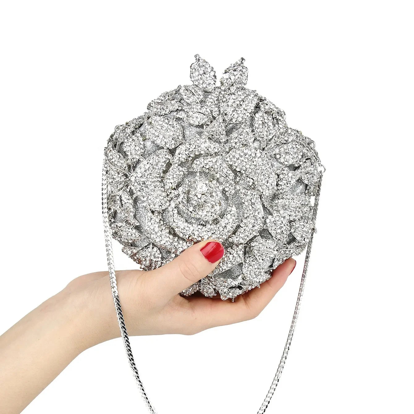 Silver crystal flower designer handbag, round metal evening clutch for wedding, with detachable shoulder chain strap.