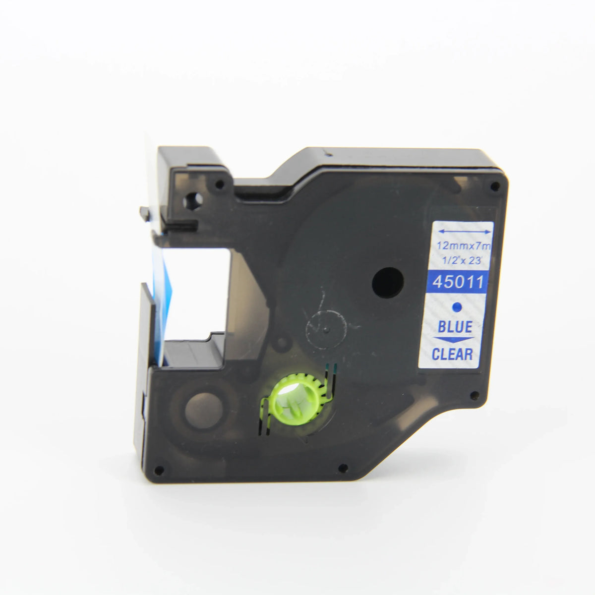 Front view of black D1 thermal tape cassette with blue label strip and green dial