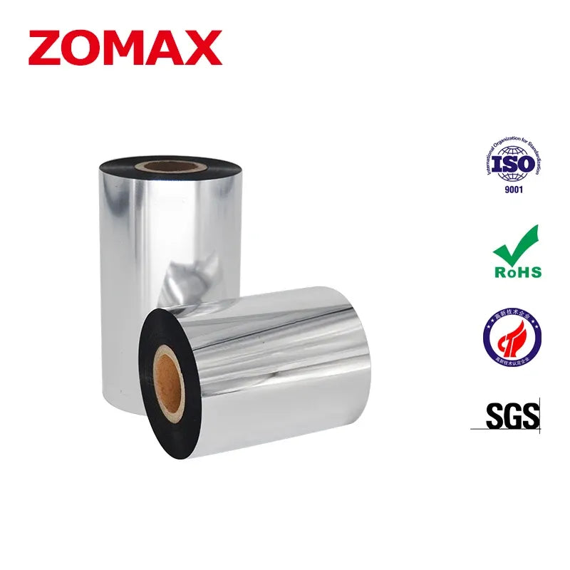 Black thermal transfer ribbon roll pair with foil surface and core openings