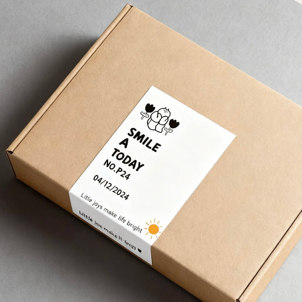 Smiling today paper gift sticker seal with mouse-and-hearts graphic and date code