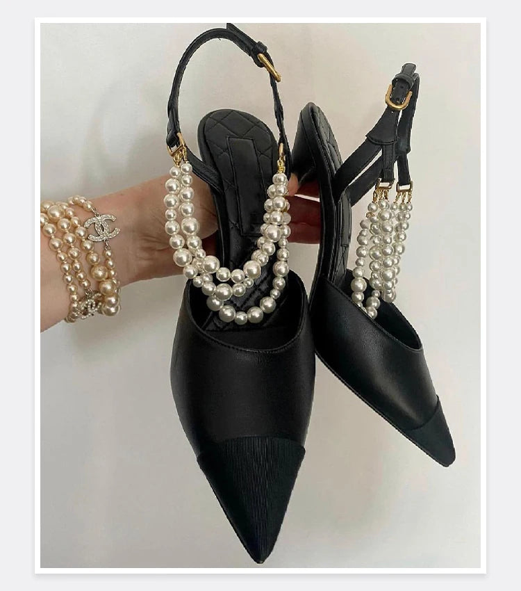 2026 Summer New Pointed High Heels Color Blocked Pearl Chain Toe Women's Sandals