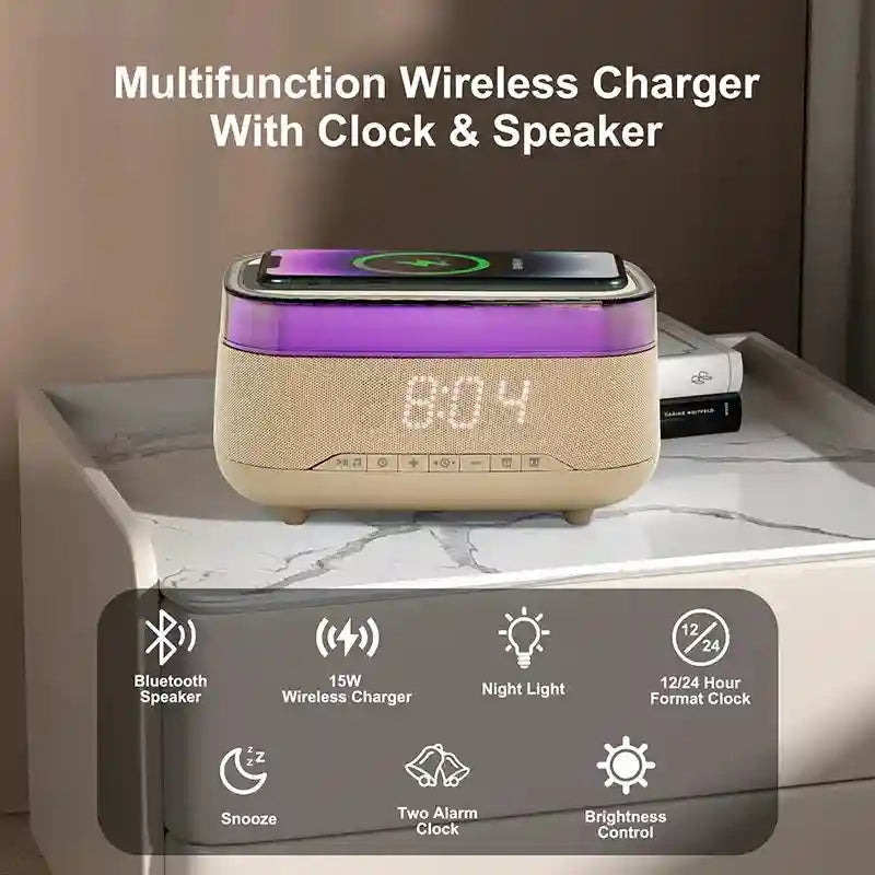 15W Wireless Charger Alarm Clock with RGB LED - Qi Certified Tidesmit