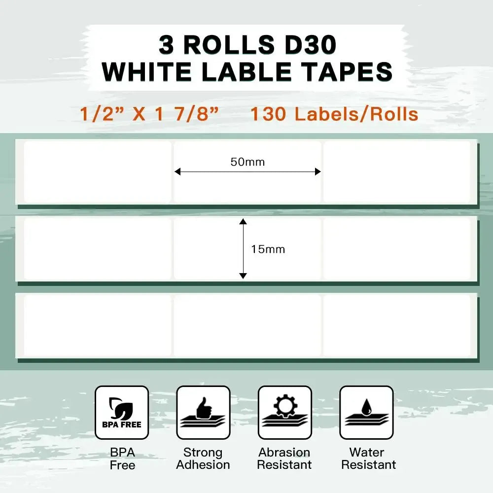 White D30 thermal label tape strips, 50mm length