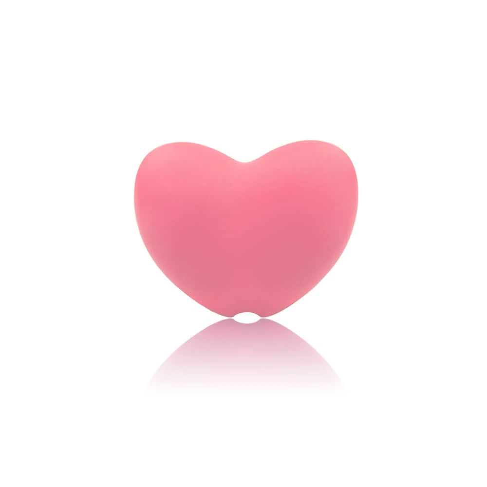 Pink heart-shaped silicone baby teething toy for soothing sore gums.