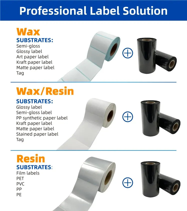 Black thermal transfer label ribbon rolls with wax, wax/resin, and resin layout