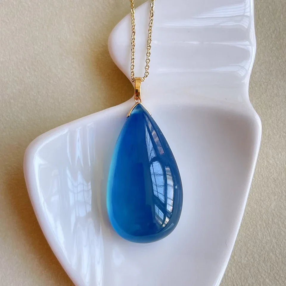 Natural Blue Aquamarine Pendant for Women Men 30mm Crystal 18K Gold Brazil Water Drop Healing Crystal Gemstone Silver Chains