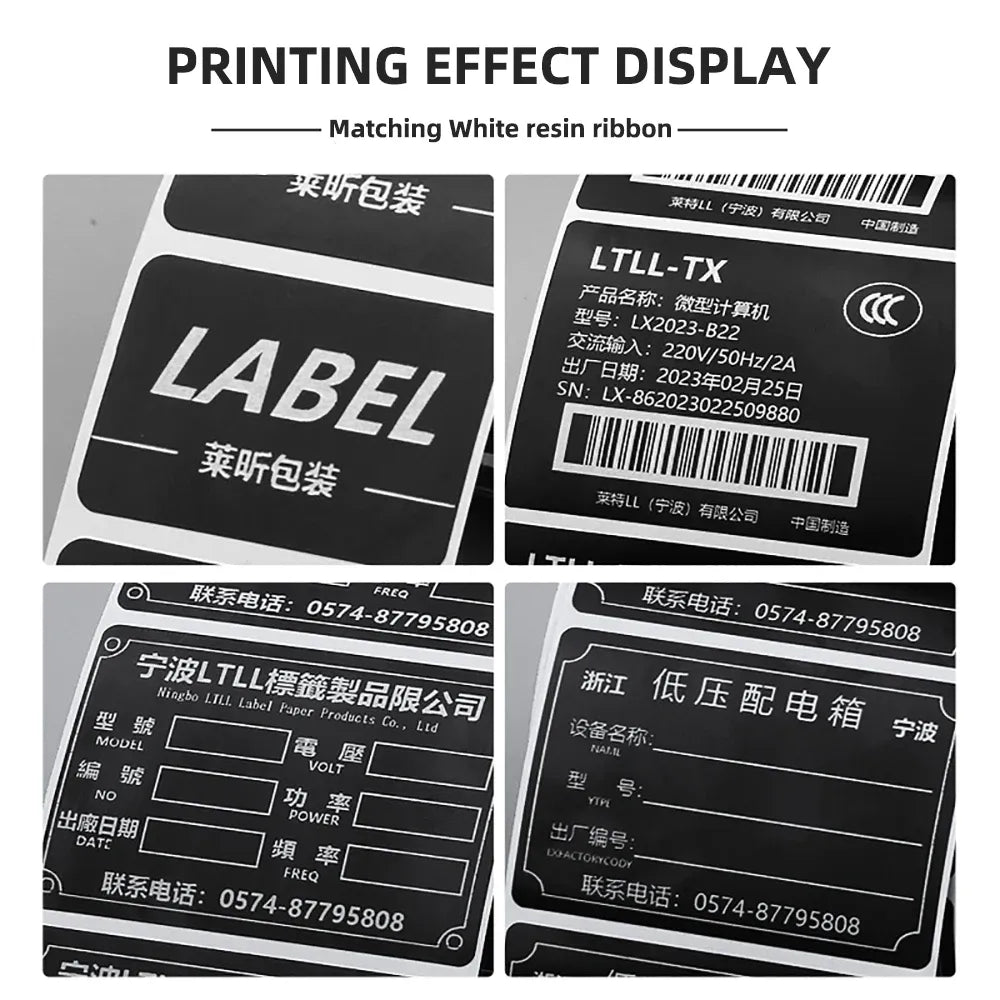 Printed black thermal labels with barcode and blocky text areas on white backing