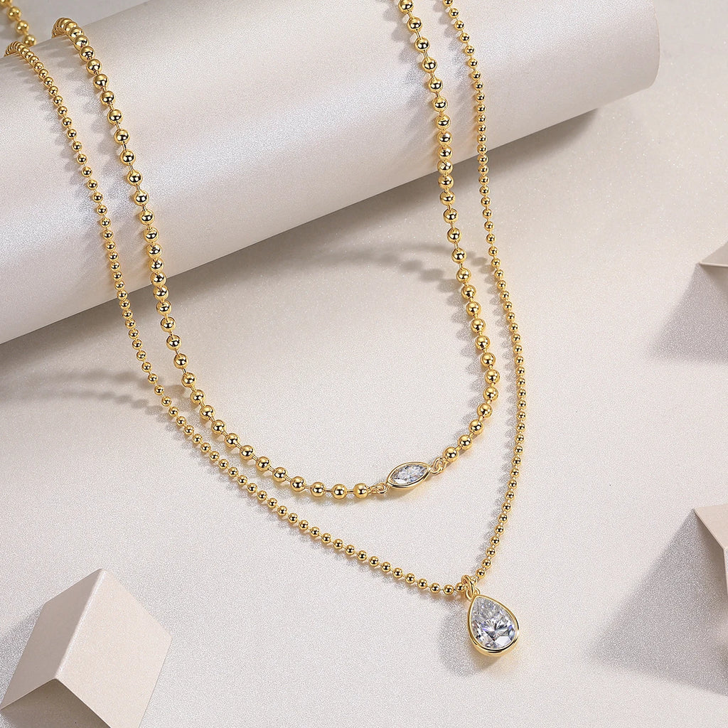 15114 Stacked Design 925 Sterling Silver D Color Moissanite Pendant with Gold Plated Stacking Chain Stylish Layered Necklaces