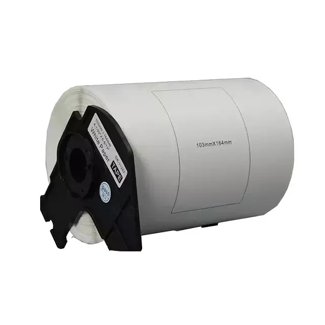 Direct thermal label roll with black cartridge, blank label backing visible