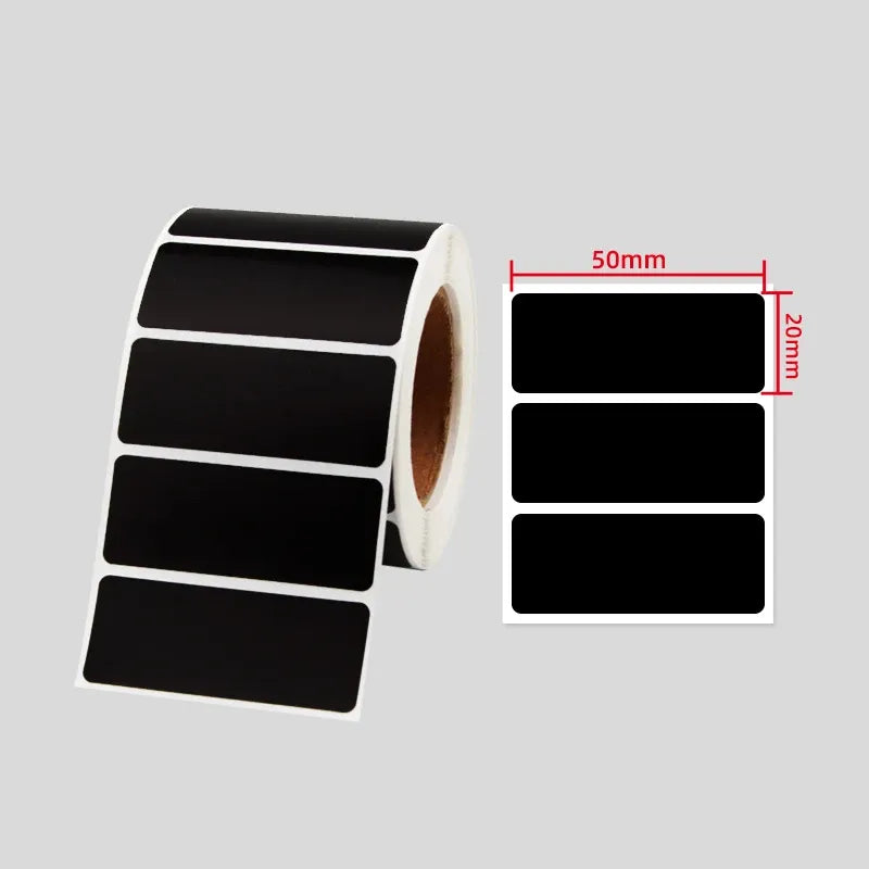 Black label roll with label size preview marked 50mm wide