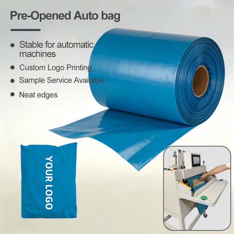 Blue pre-opened auto bag roll with automatic-opening perforated edge film